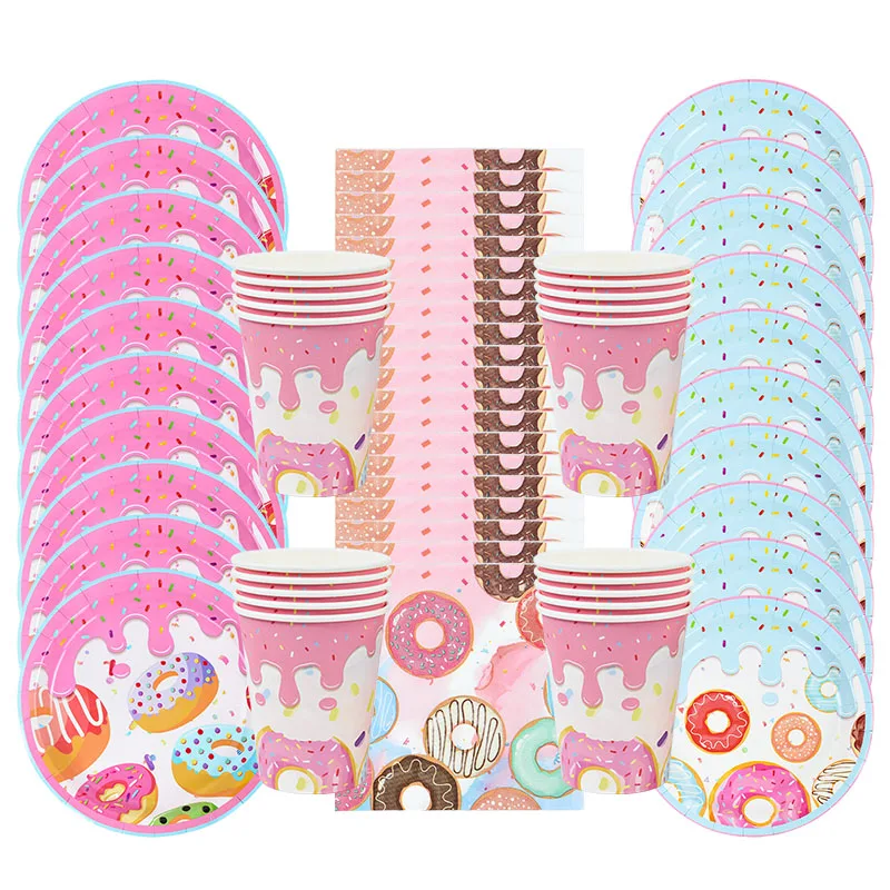 Donut Party Einweg geschirr Set Papp teller Tasse Tischdecke Kinder Mädchen 1. Geburtstags feier Dekoration liefert Baby party – Detail 2