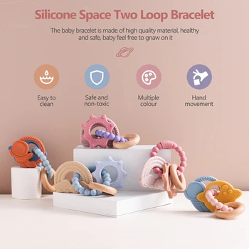 1pc Silicone Teether,Food Grade Baby 0-12 Toys,ToddlersTeething Ring Sensory Toys,Silicone Planet Teether Bracelet Accessories 3