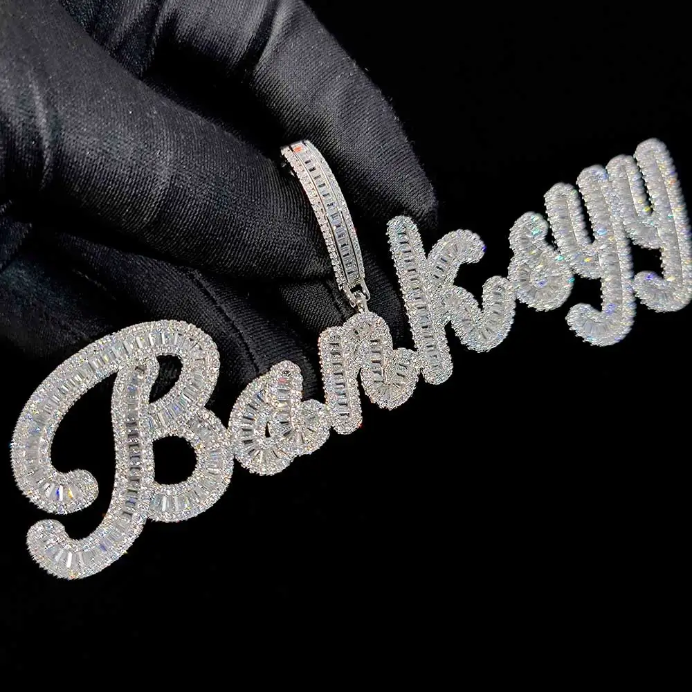 Hip hop Jewelry Custom Brush Cursive Letter Two Tone Name Necklace Pendant Personalised Diamond Chain