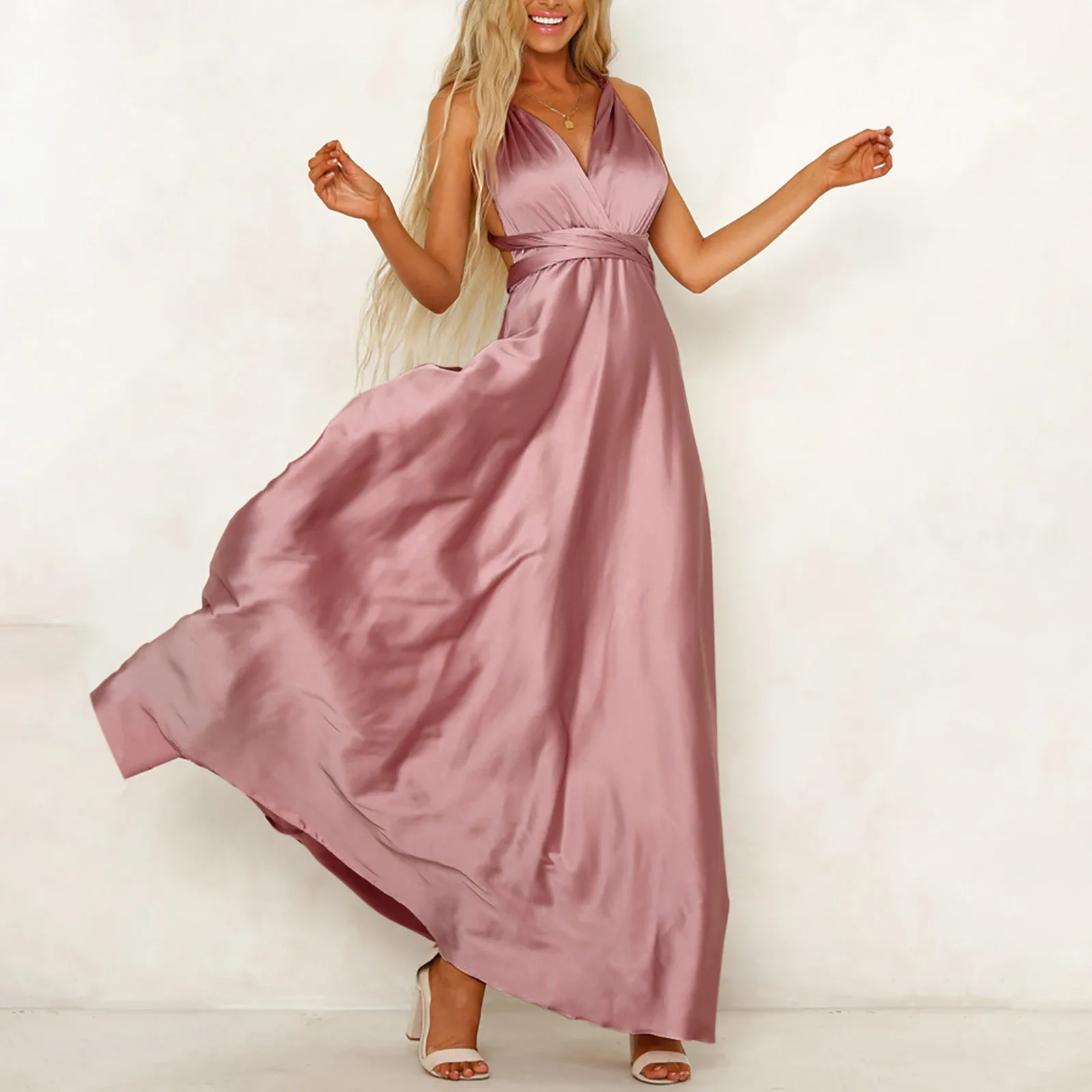 

2023 Women's Elegant Solid Satin Gown Dresses Fashion Sleeveless Strappy Sexy Deep V Neck Backless High Waisted Evening Dress