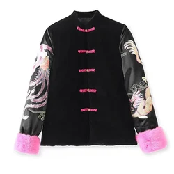 Winter New High End White Goose Down Down Coat Chinese Style Dragon Phoenix Embroidered Silk + Velvet Contrast Cuffs Coat S-XL