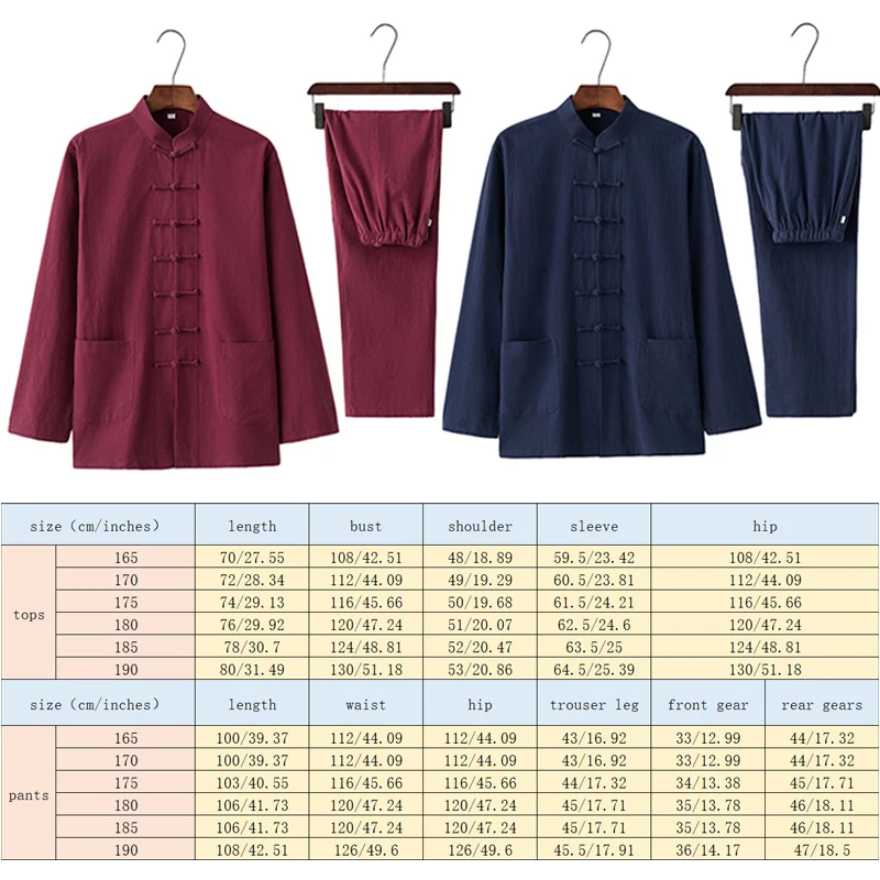 Chinese Traditional Tang Clothing Men Linen Solid Kung Fu Suit Wing Chun Garment Mandarin Collar Long Sleeved Shirt Pants