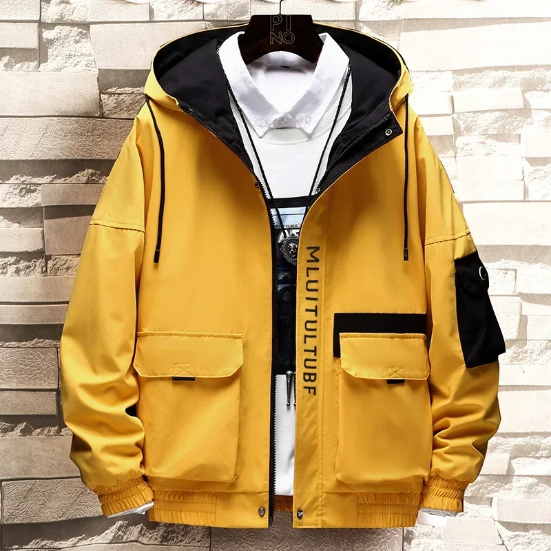 Mens Spring Autumn Jacket Zipper Casual Hooded Patchwork Windbreaker