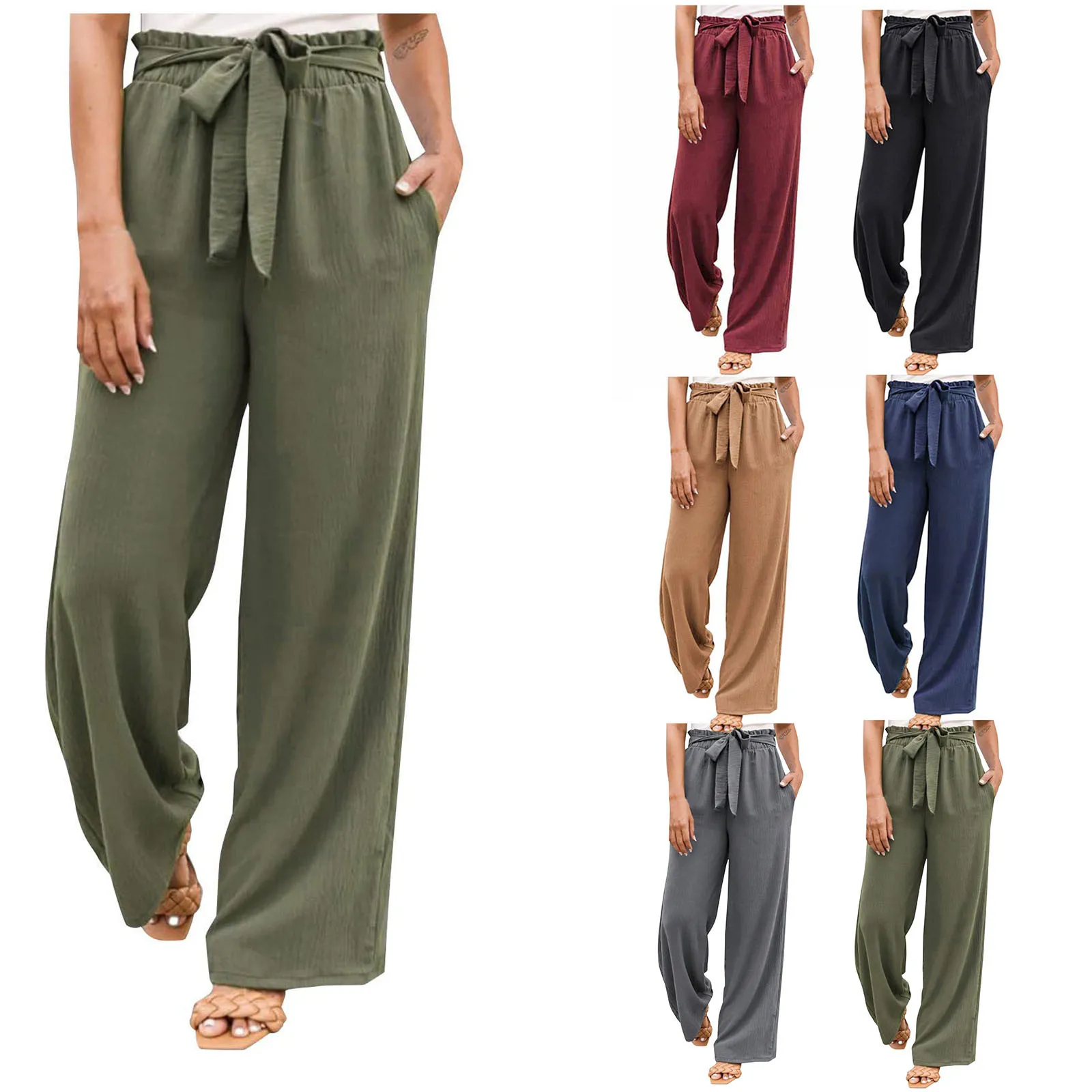 

Wide Leg Pants For Women High Waisted Tied Belt Palazzo Pants Baggy Flowy Summer Casual Beach Pants With Pockets