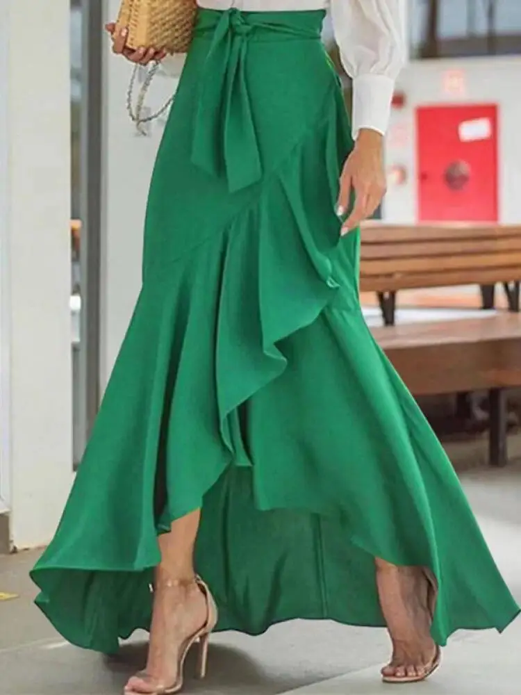 

Yeezzi Elegant Women Stylish Irregular Clipping Bandage Falbala Long Skirts 2023 Spring Summer Solid Color Office Lady Skirts