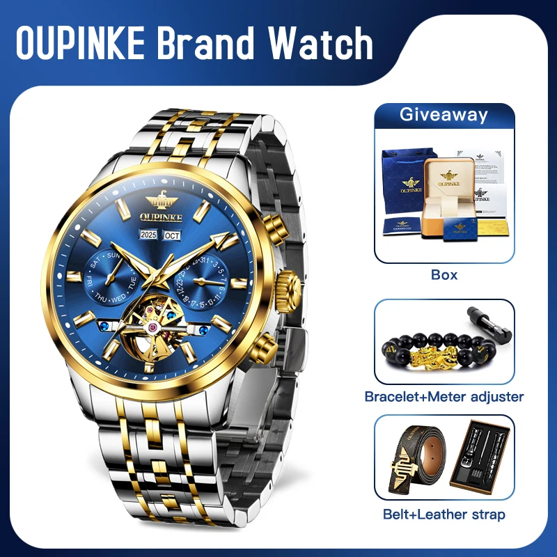 OUPINKE 3296 Mens Watch Original Automatic Mechanical Watch﻿ Sapphire Mirror 50M Waterproof Perpetual Calendar Day-Date Watch