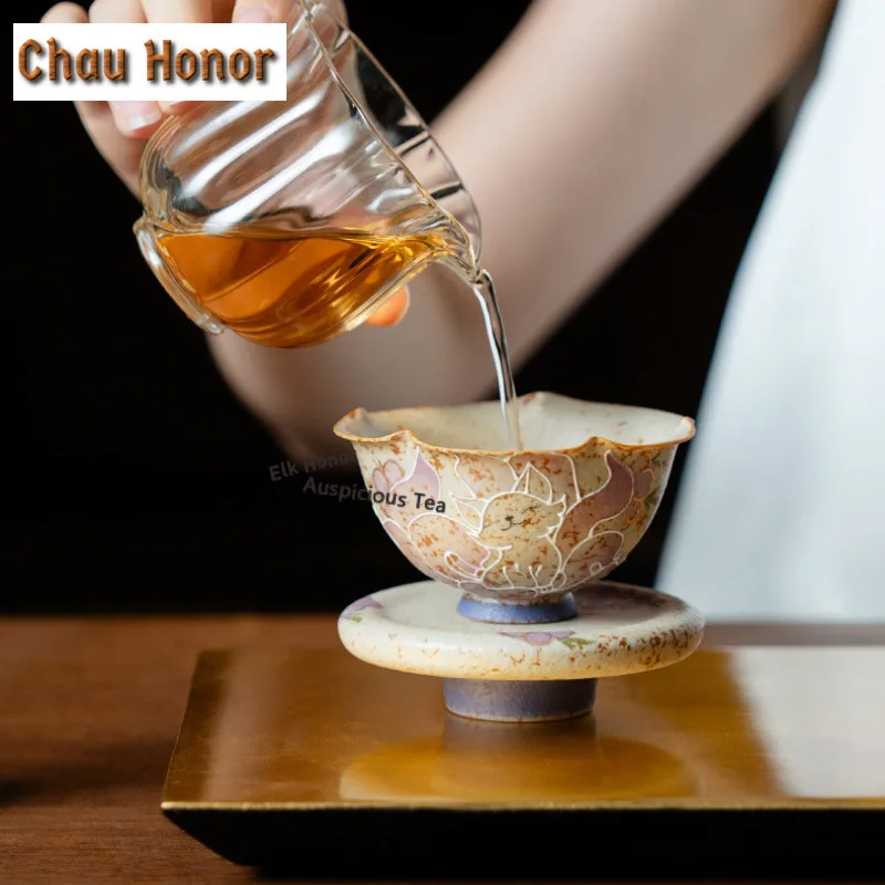 90ml Hand-drawn Fox Teacup Luxury Tea Bowl Jug Tea-tasting Fragrance Cup Chazhan Master Cups Flower Tea Household Teaware Craft