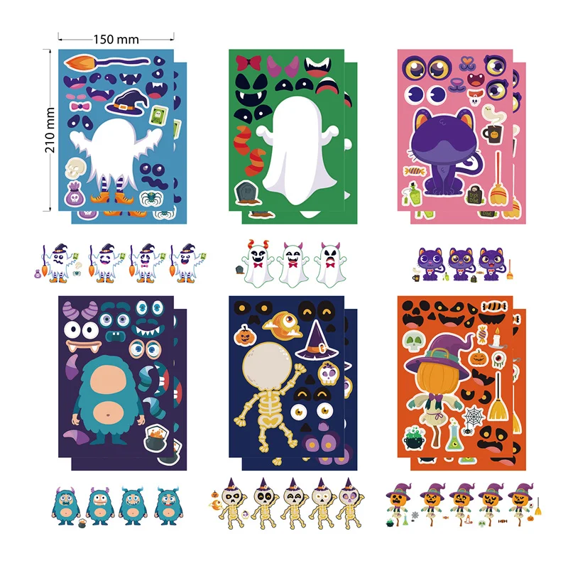 6/12 Fogli Make-A-Face Adesivi Di Halloween Per Bambini Creativo Fantasma Strega Zucca Puzzle Fai Da Te Adesivi Giocattoli Per Feste Per Bambini