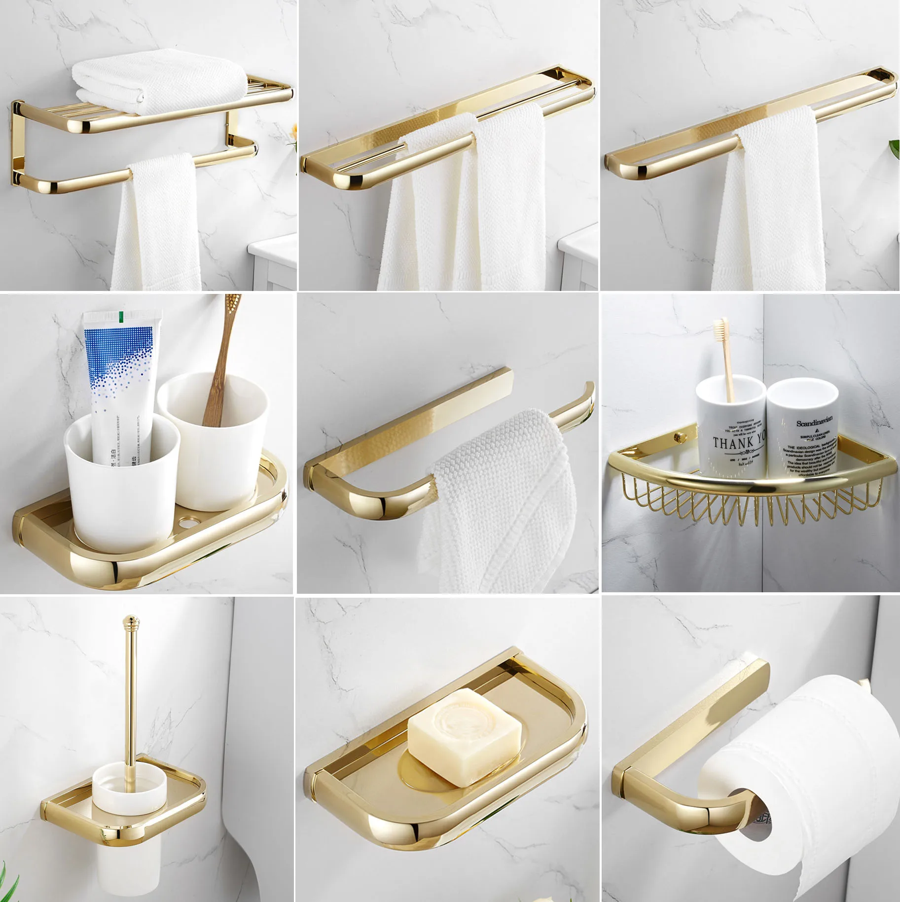 Gold Polished Brass Towel Rack Toilet Brush Holder Wall Mounted Towel Ring Paper Holder Towel Bar Hook Bathroom Accessories Set