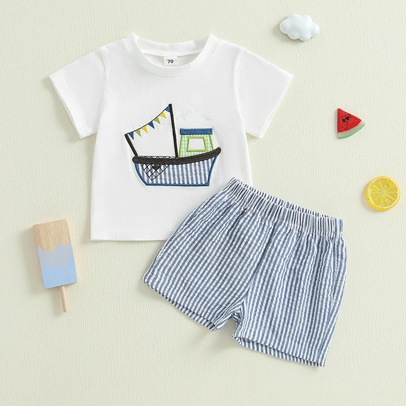 Toddler Boy Summer Outfit Boat Embroidery Set