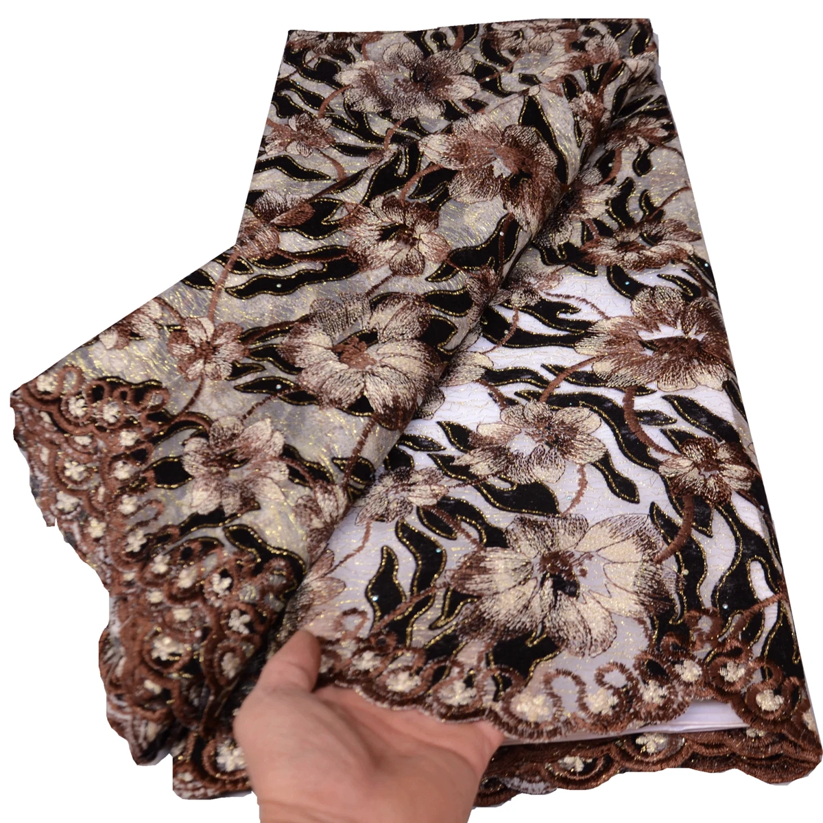 

2.5 yards coffee africa lace fabric high quality 2023 embroidery french net lace with stones for Nigerian big occasional 936235