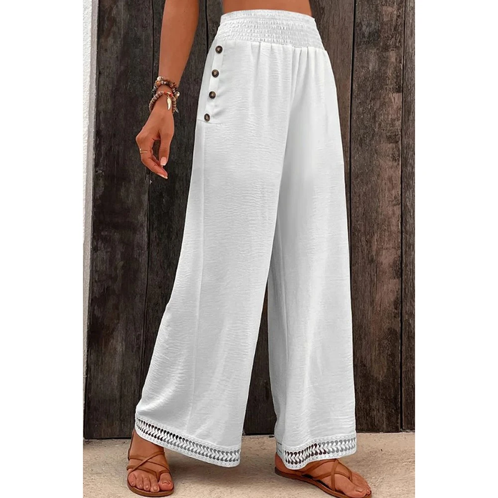 Plus Size Casual White Button Pocket Smocking Lace Panel Pants