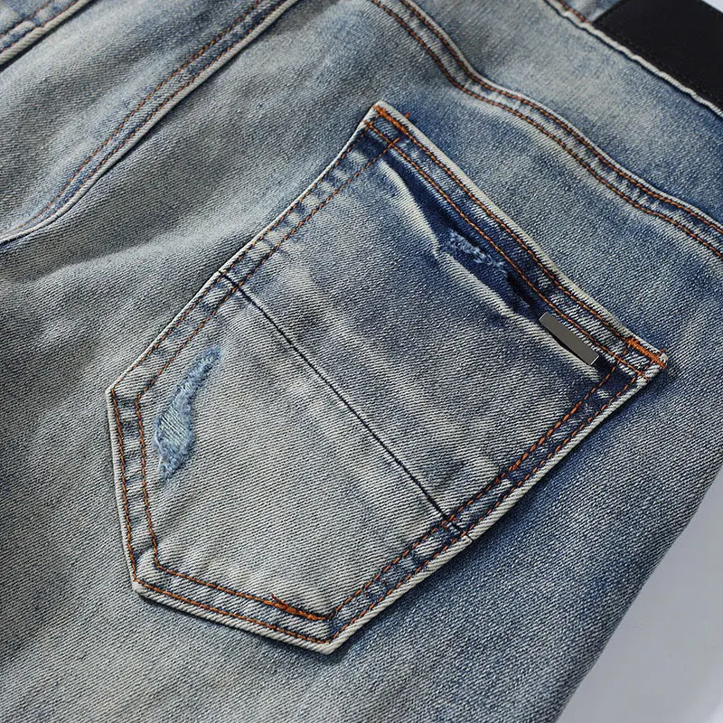 High Street Fashion Men's Jeans Light Blue Vintage Washed Elastic Tight Split Jeans Designer Hip Hop Brand Pants hombre