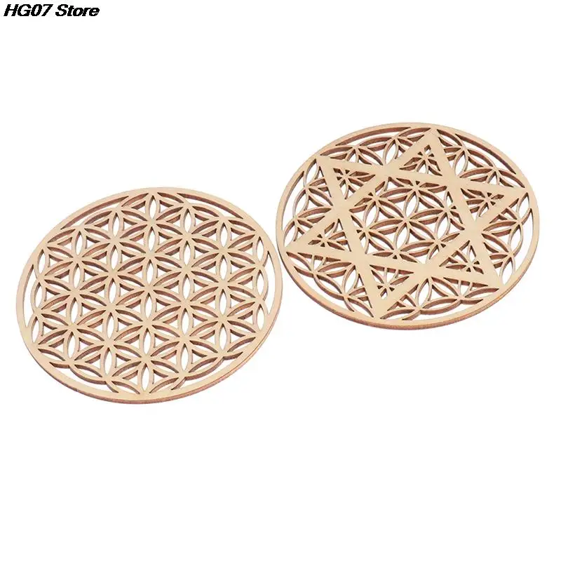 New 1PC Natural Wood Chakra Flower of life Natural Symbol Wood Round Edge Circles Carved Coaster For Stone Crystal Set DIY Decor