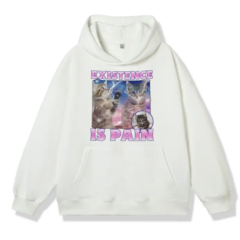 Existence Ls Pain Funny Cat Printed Hoodie Male Fashion Sweatshirt Autumn and Winter Oversized Long Sleeve Fleece Pullover Men