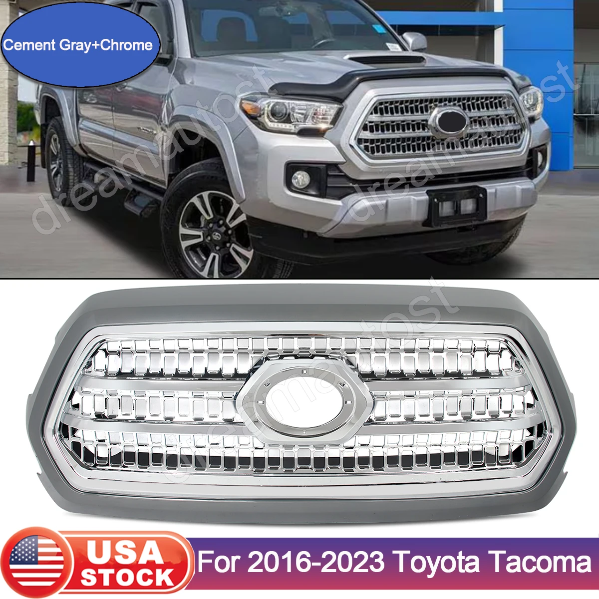 

Передняя решетка бампера для Toyota Tacoma TRD 2016-19-2023, спортивный цементный серый + хром