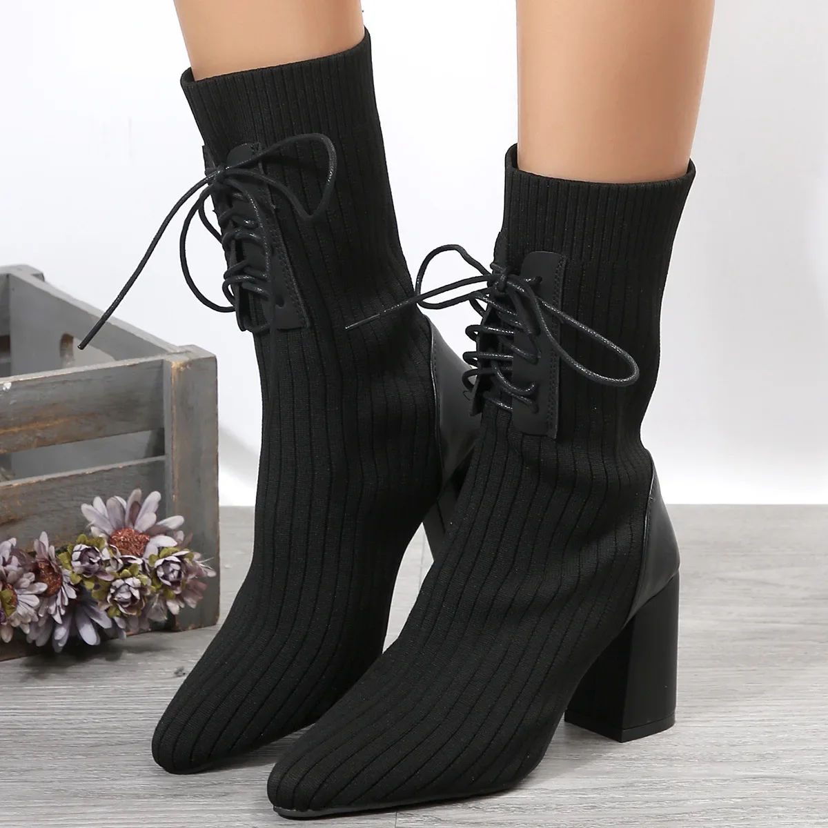 

Women Elastic Slim Boots 2024 Spring Autumn High Heels Sock Boots Woman Knitting Weave Stretch Mid-calf Boots Girls Pumps Shoes