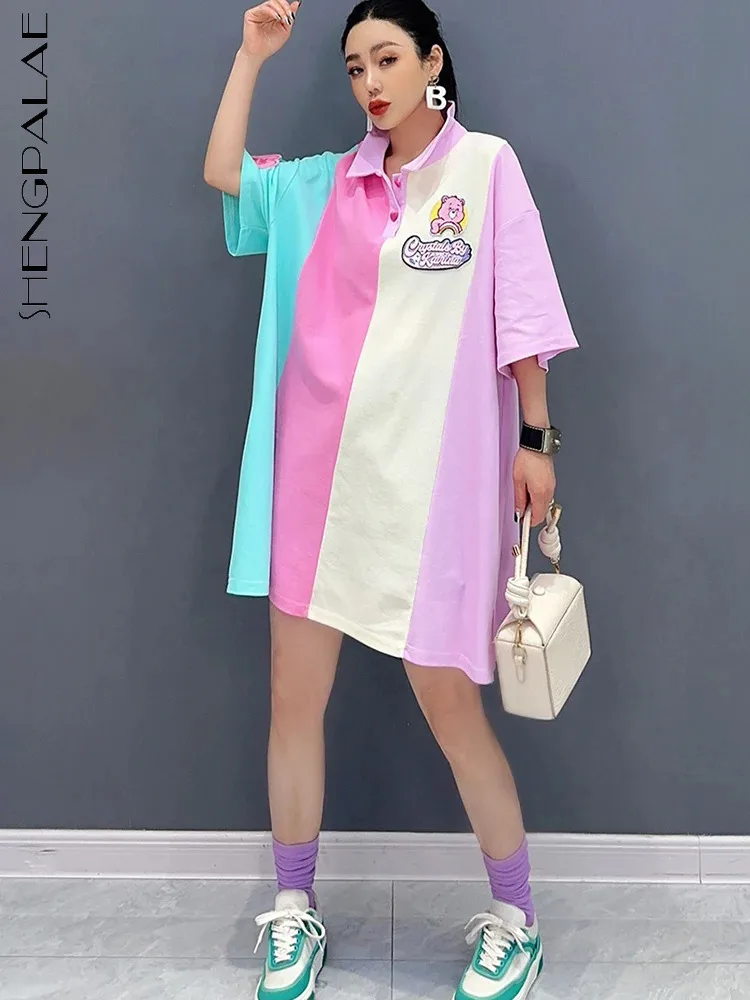 

Женское длинное платье-футболка SHENGPALAE, повседневный Свободный Топ в контрастную полоску с коротким рукавом, Y2k одежда, 5R9851, лето 2024