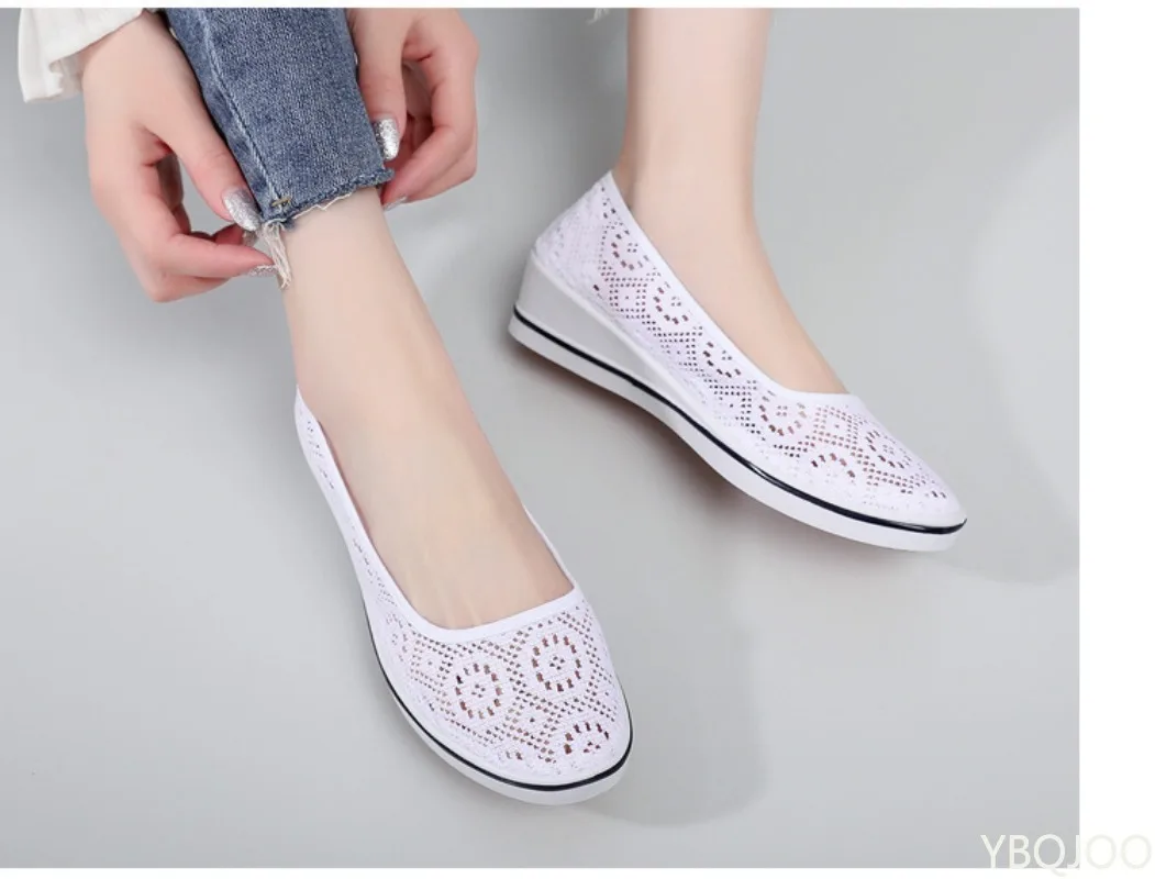 2025 جديد الصيف منتصف إسفين كعب أحذية مريحة الدانتيل جوفاء تنفس بلون المألوف المرأة حذاء مسطح