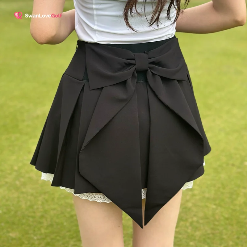 Swan golf woman pleated lace skirt with bowknot high-waisted fashion sports casual skort ladies tennis golf culottes