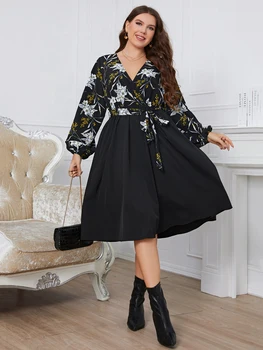 Plus Size Dresses For Women 2023 Autumn Casual V Neck Long Sleeves Elegant Party Vintage Large Size Female Midi Dress 3XL 4XL 1