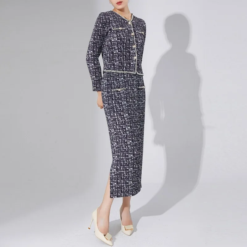 

Alsey Pleated Fashion Shirt Top Women's Korean Style Slim Elegant Jacket + Casual Fashion Half Skirt Miyake Dress Three-piece
