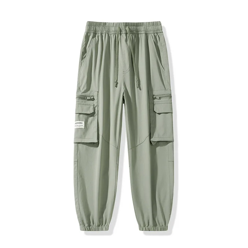 Spring and Autumn Men's Elastic High Waist Solid Color Drawstring Large Pocket Panel Tie Leg Straight Trousers Casual Pants