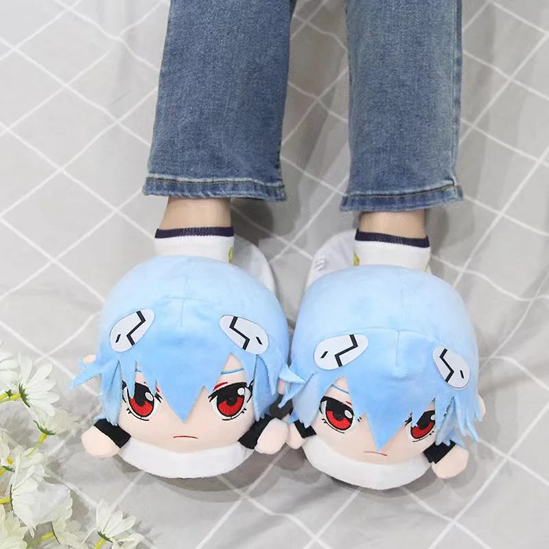 EVANGELION Rei Cotton Slippers Anime Plush Slippers for Men Women Cartoon Fluffy Shoes Home Indoor Slippers Winter Warm Shoes