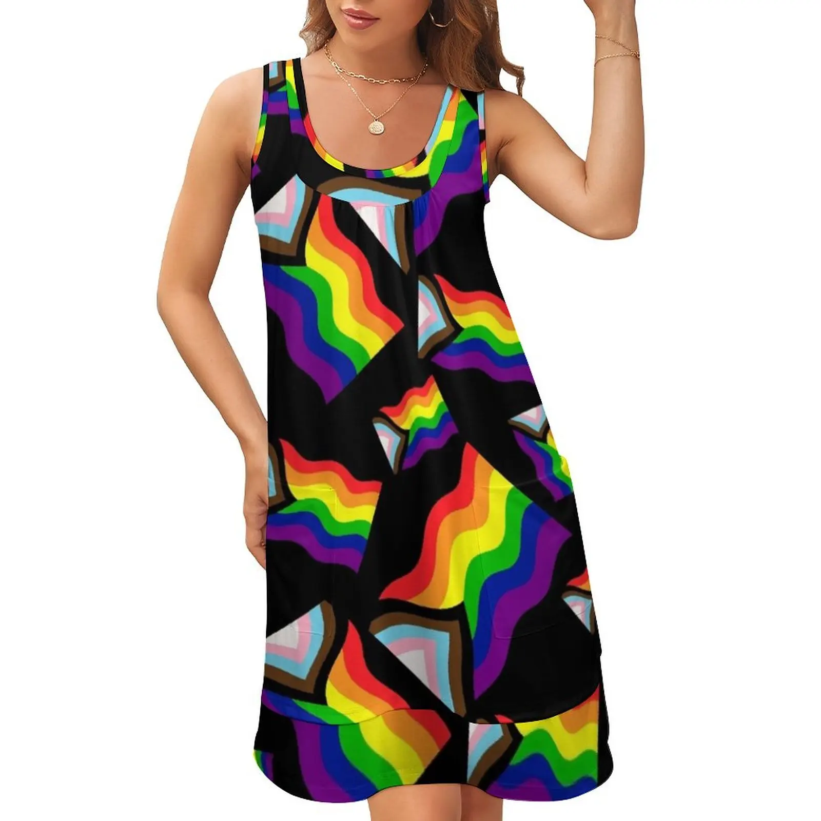 

Pattern Progress Pride Flag Sleeveless U-Neck Fake Two Piece Dress Cocktail of dresses ladies dresses for women 2024