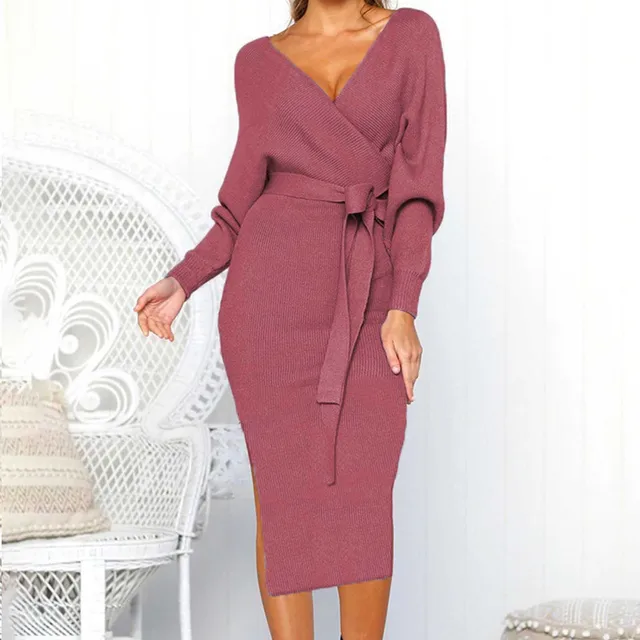 Knitted Sweater Dress Women Wrap Belted Tunic Midi Vestidos Long Sleeve V Neck Split Casual Autumn Winter Office Lady Dresses 5