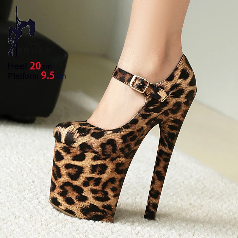 20CM Pole Dance Shoes Model Show Stiletto Buckle Strap Mary Jane High Heels 2025 New Thick Platform Women Leopard Print Pumps
