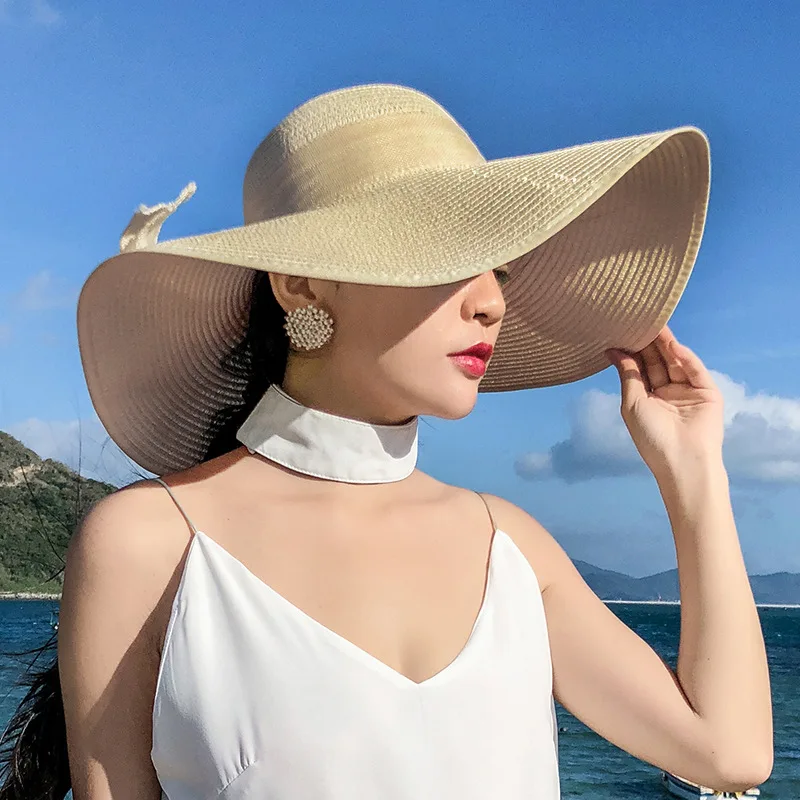 

Women Summer Beach Travel Straw Hat Korean Seaside Big Hat Brim Sunblock Sunshade Holiday Foldable Fashion Big Cool Hat