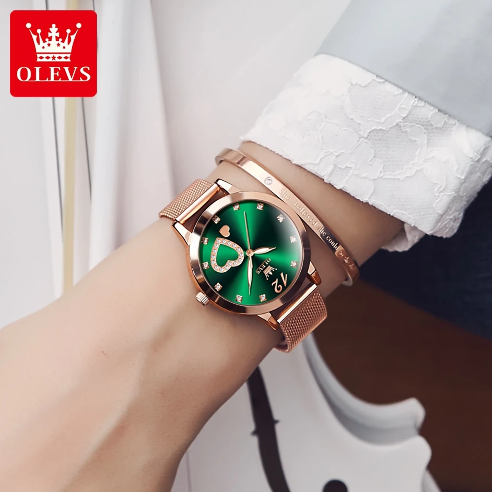 OLEVS 8159 Milanese Mesh Women's Quartz Watch with Love Diamonds 3