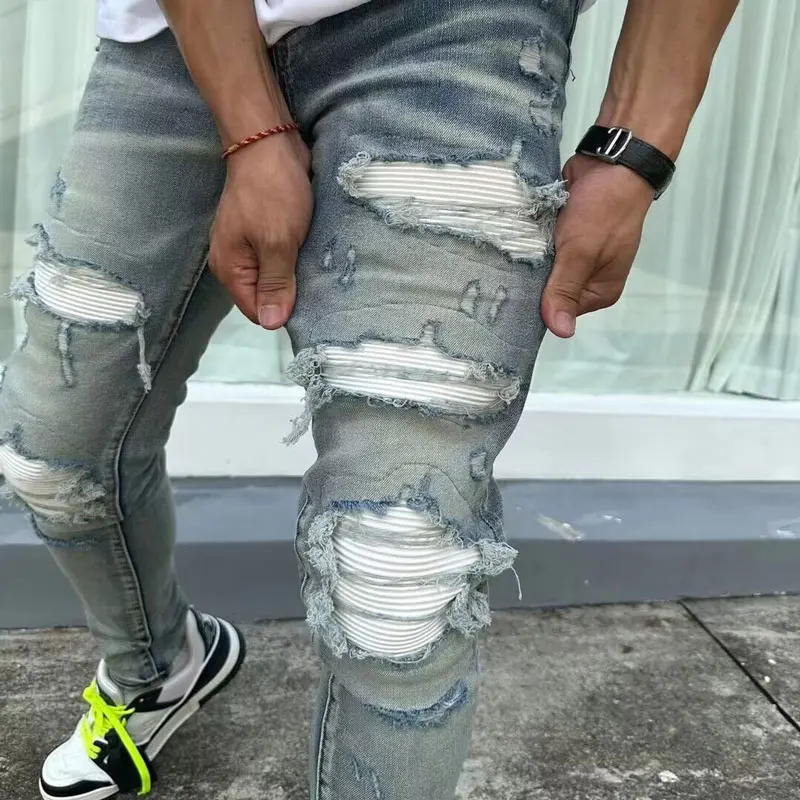 Latest Designer Street Fashion Men's Slim Fit Jeans Vintage Blue Elastic Split Jeans White Patch Pants Spliced Hip Hop Performa