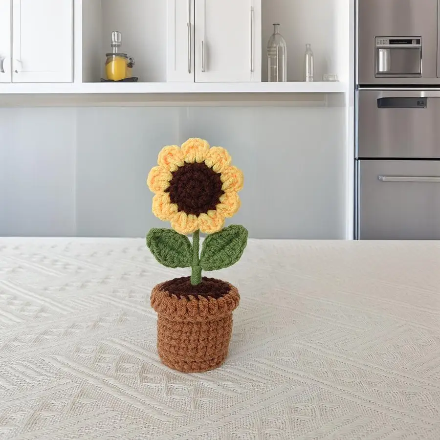 Warm and Cozy Small Ornaments, Hand-Crocheted Sunflower Potted Plants, Window Sill, Desktop, Bedroom, Living Room, Study Room Decoration, Birthday and Valentine's Day Gifts