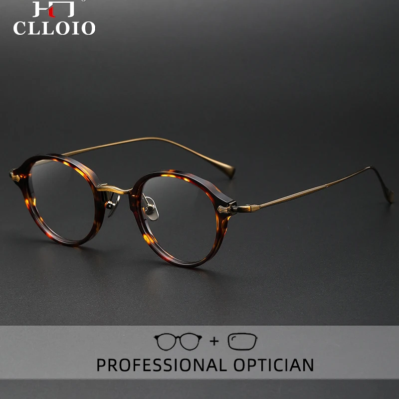 

CLLOIO New Pure Titanium Anti Blue Ray Reading Glasses Men Retro Round Myopia Glasses Luxury Acetate Prescription Eyewear Frames