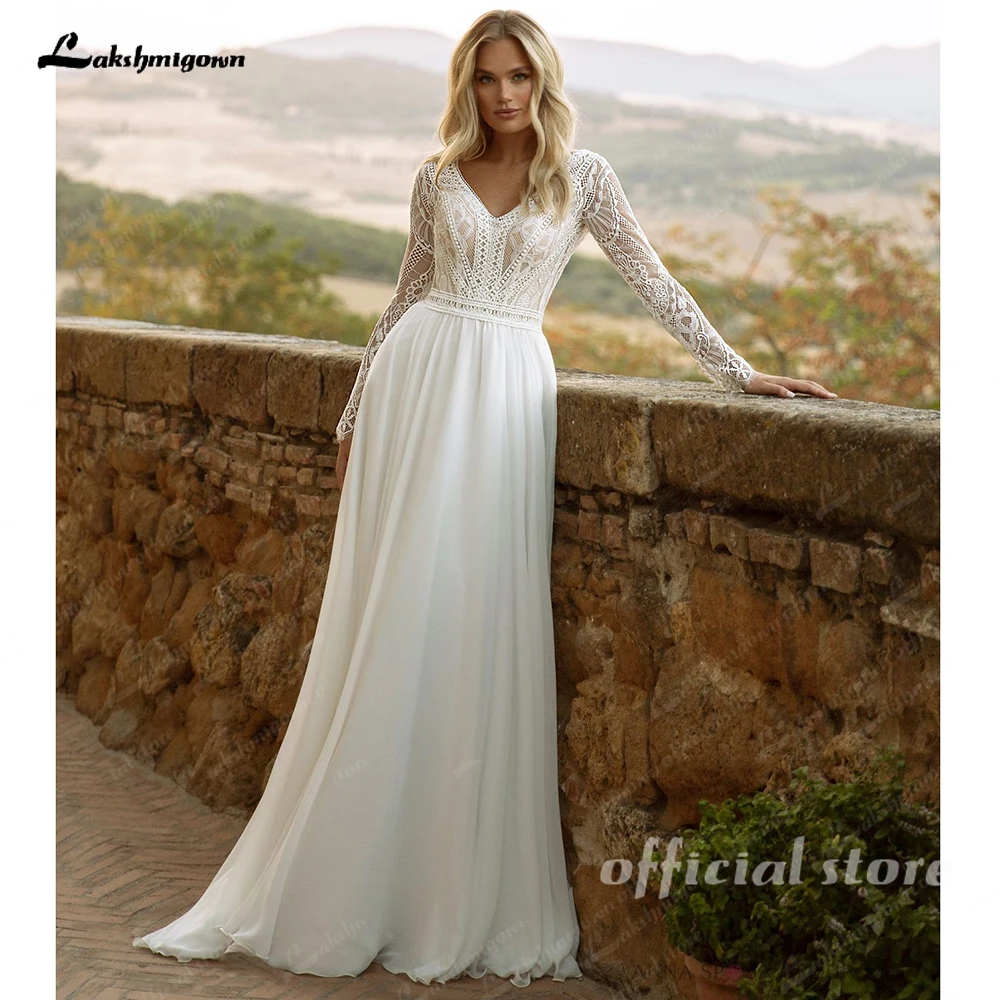 Lakshmigown Plunging Boho Wedding Dress Long Sleeve Lace Bodice Chiffon V Neck Customized Beach Bridal Gown robe mariée 4