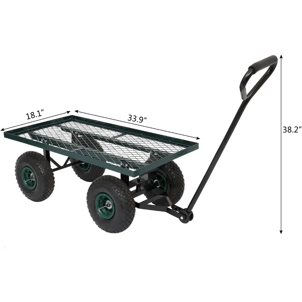 Steel Garden Cart Utility Heavy Duty Wagon, 10-inch Pneumatic Turf Tires Green