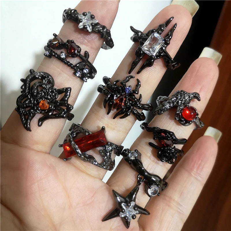 Vintage Goth Red Crystal Cross Crow Spider Star Geometry Open