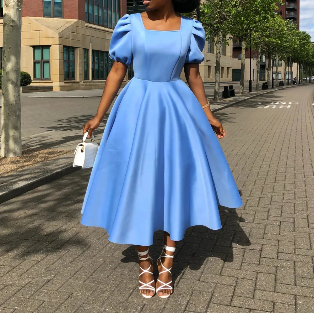 Robe D'été Pour Fille Manches Bouffantes Col Carré - Taille Haute A-line, élastique, 5-14 Ans (120-160 Cm)