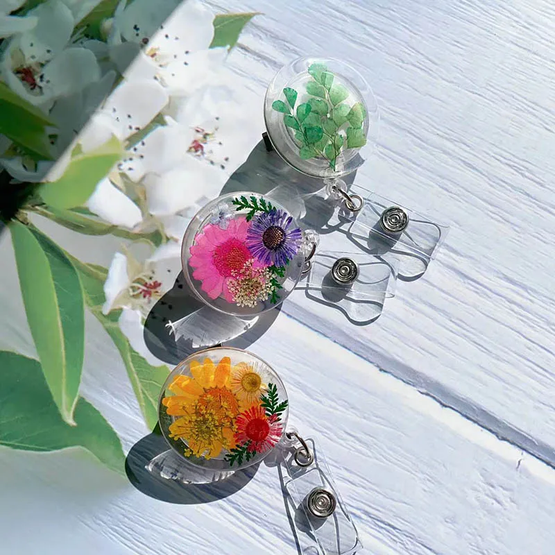 True Flowers Drops Of Glue Transparent Nurse Badge Reel Retractable ID Badge Holder With 360 Rotating Alligator Clip Name Holder badge holder,retractable badge reel