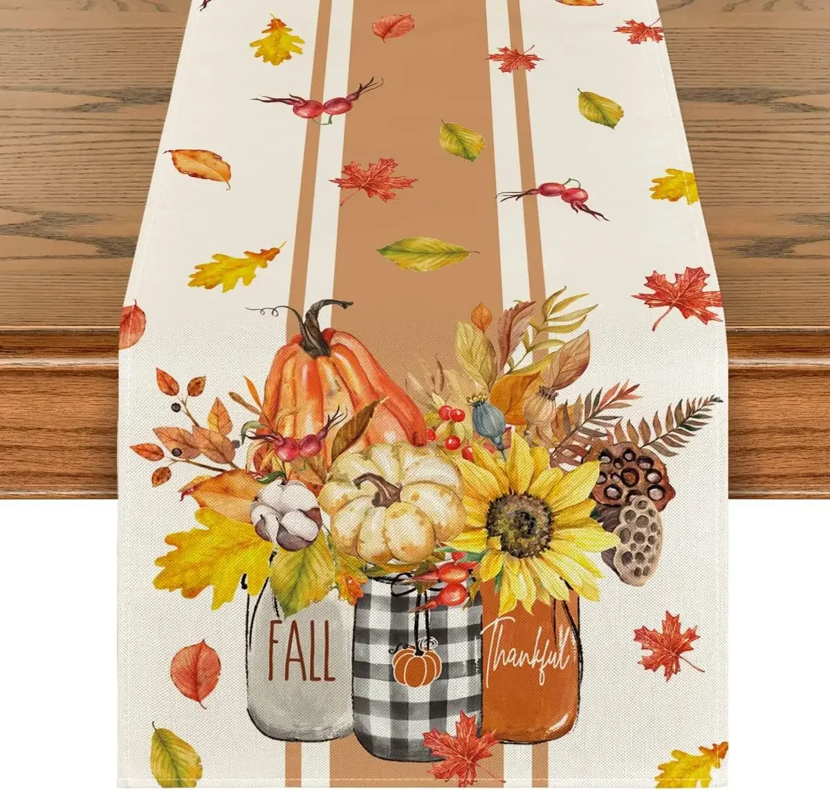 Autumn Thanksgiving Table Runner Linen Buffalo Plaid Pumpkins Mushrooms Dining Table Decoration Indoor Outdoor Tablecloth