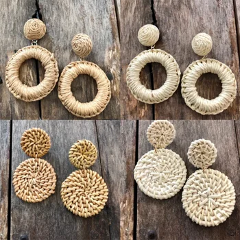 라피아 천연 대나무 나무 라피아 귀걸이, 심플한 보헤미안 히피 여성 고리 버들 보석 귀 액세서리, 선물