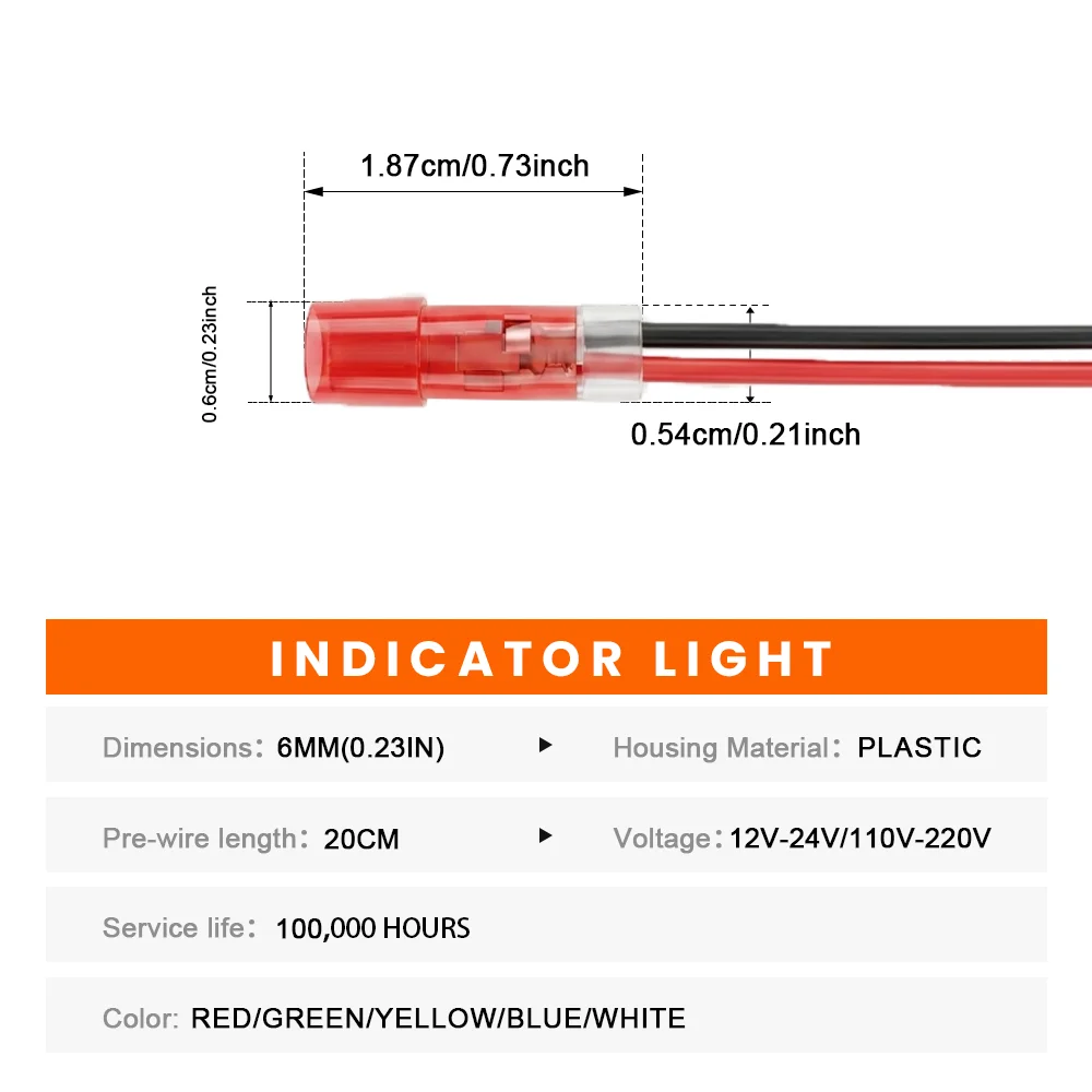FILN 10PCS 6mm LED 표시등 12V-24V 와이어 리드 마운트 경고 램프 자동차 해양 산업용 소형 장비 제어 박스