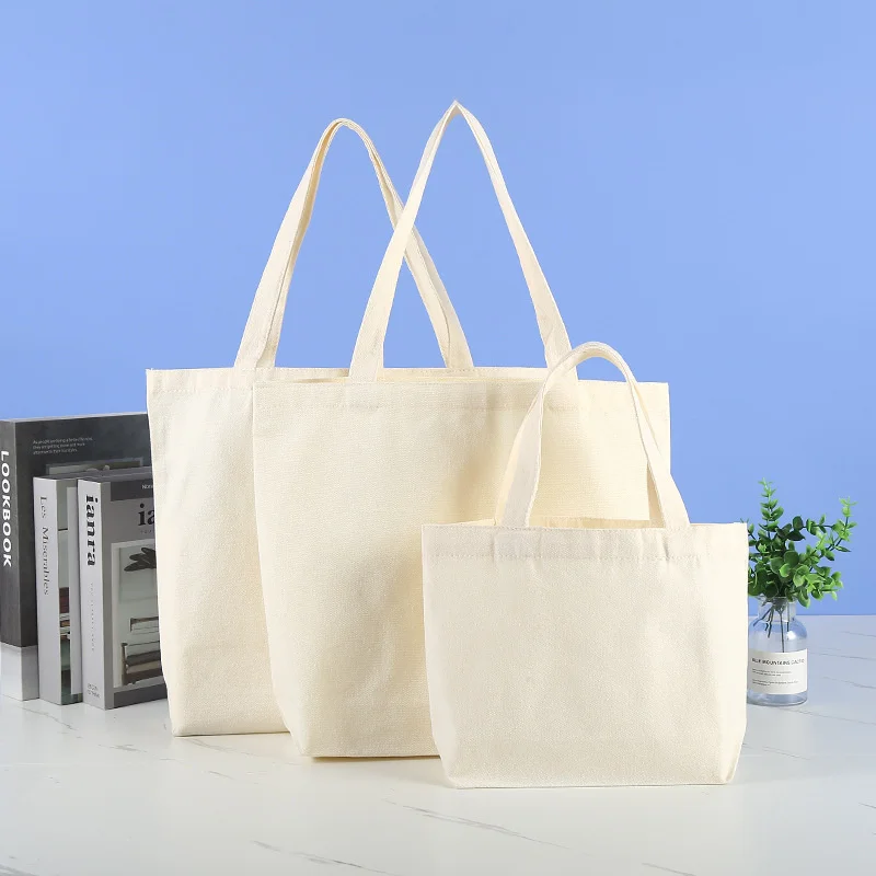 Large Capacity Canvas Shoulder Handbag Folding Eco-Friendly Cotton Tote Bags Reusable DIY Shoulder Bag Grocery Bag Beige White 2
