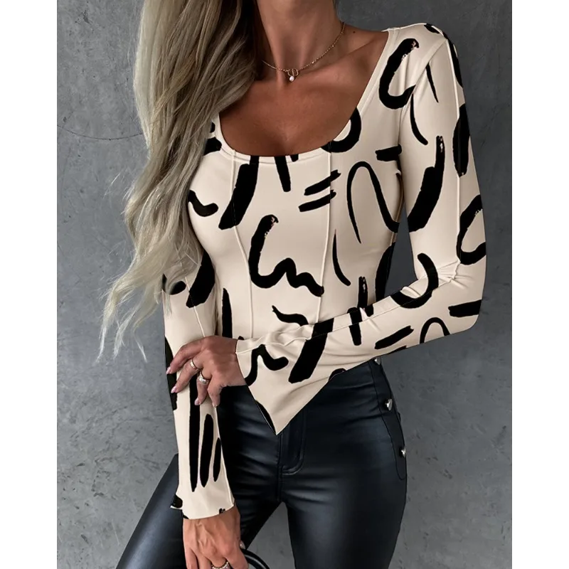 

2023 Women's New Character Printing Tight Top U-neck Casual Fashion Versatile Comfortable Top