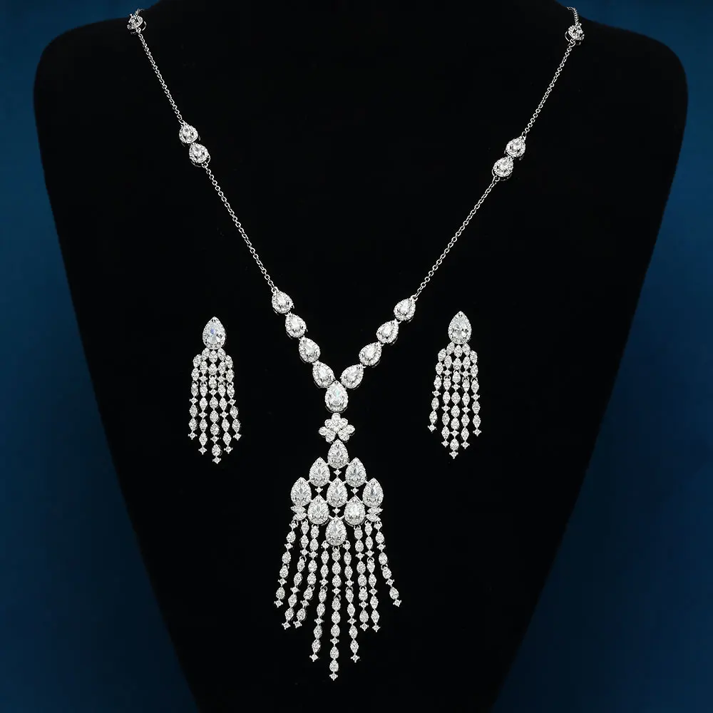 

Fashion Cubic Zircon Tassel Long Chain Necklace And Earring Sets White Dubai Bridal Wedding Costume Jewlery Set