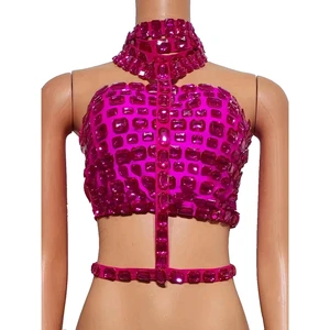 Sparkly Diamonds Strapless Bandage Crop Tops Women Sexy Evening Prom Party Birthday Outfit Dance Performance Costume Stage Wear