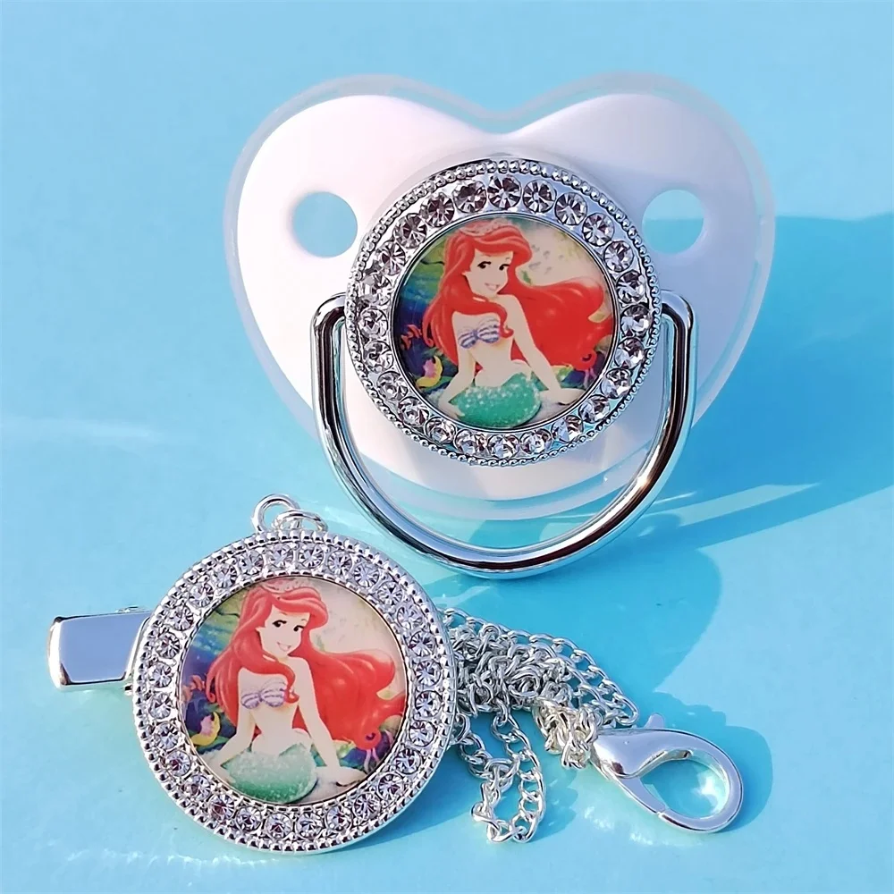 [Anime Princess Print Feeding Pacifier] 2024 Disney Diamond shaped baby pacifier with chain cover baby cord bpa Bling fake 0-18M 2