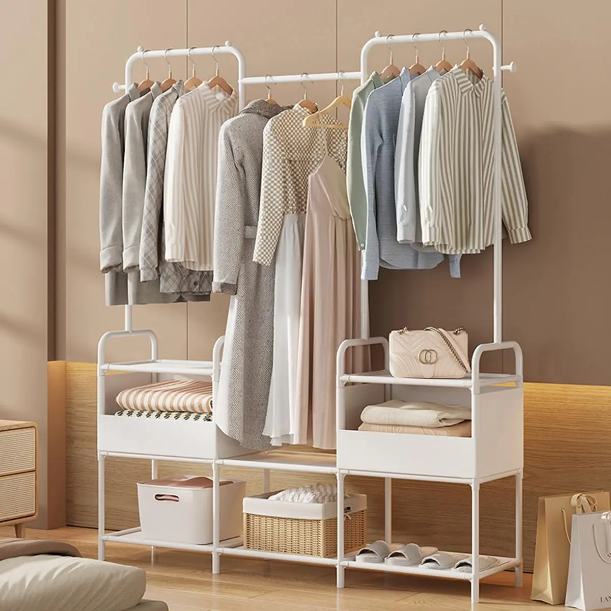 Closet Armable para Ropa con 3 Tubos y 6 Niveles, Perchero para Ropa Portátil Tipo Ropero Closet